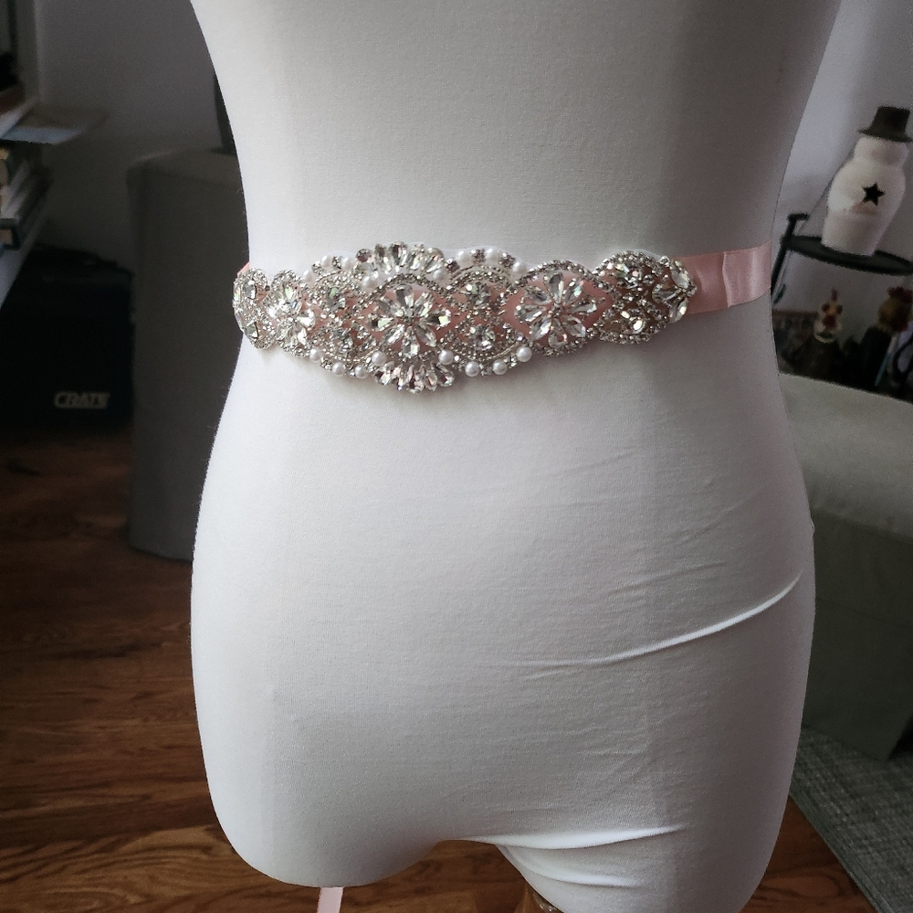 Pink satin jeweled bridal belt